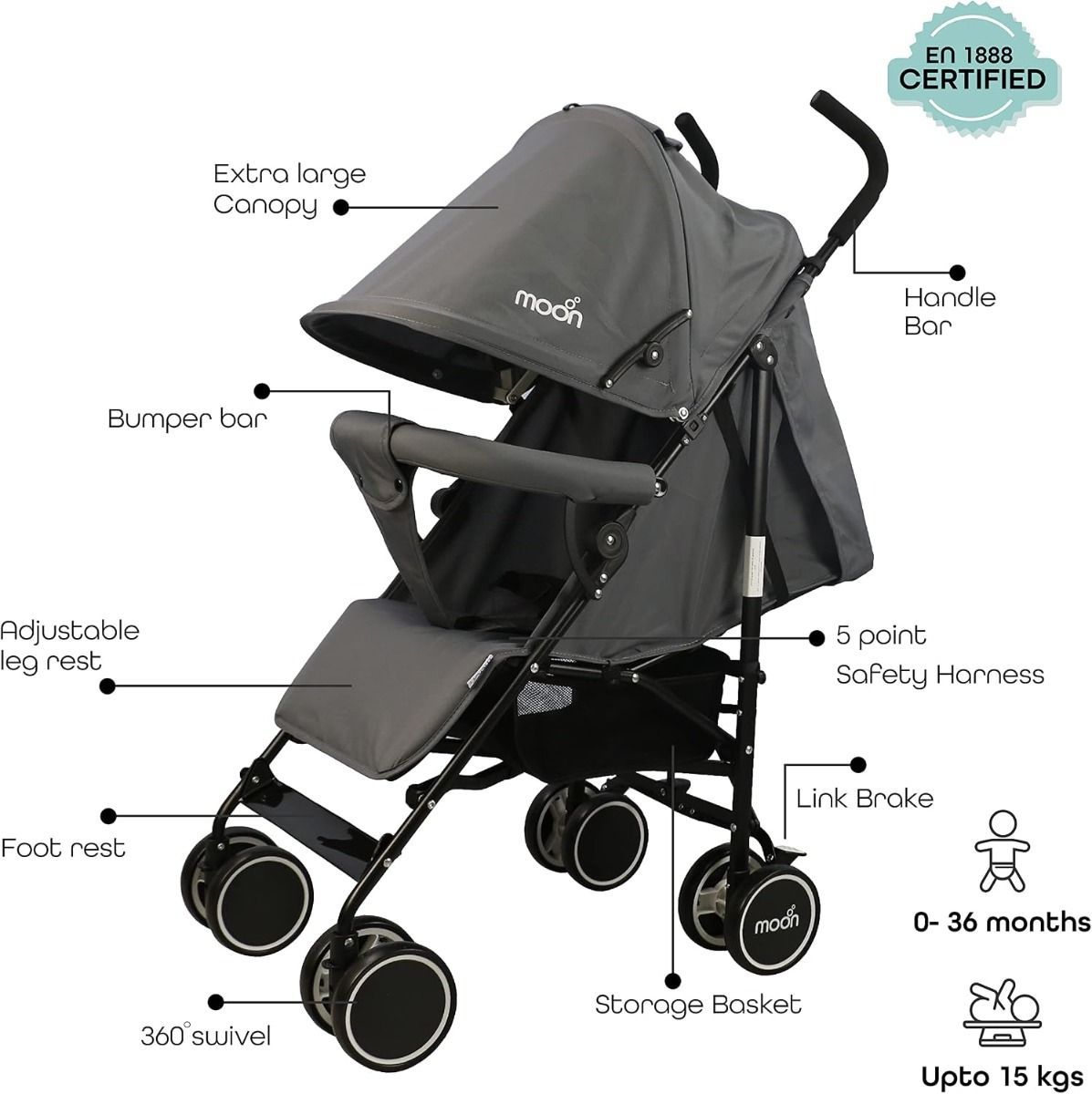 The Moon Brand Neo Plus Lightweight Travel Stroller Compact Umbrella Fold Pushchair for Babies, Up to 18 kg, 0 Months+ | Grey