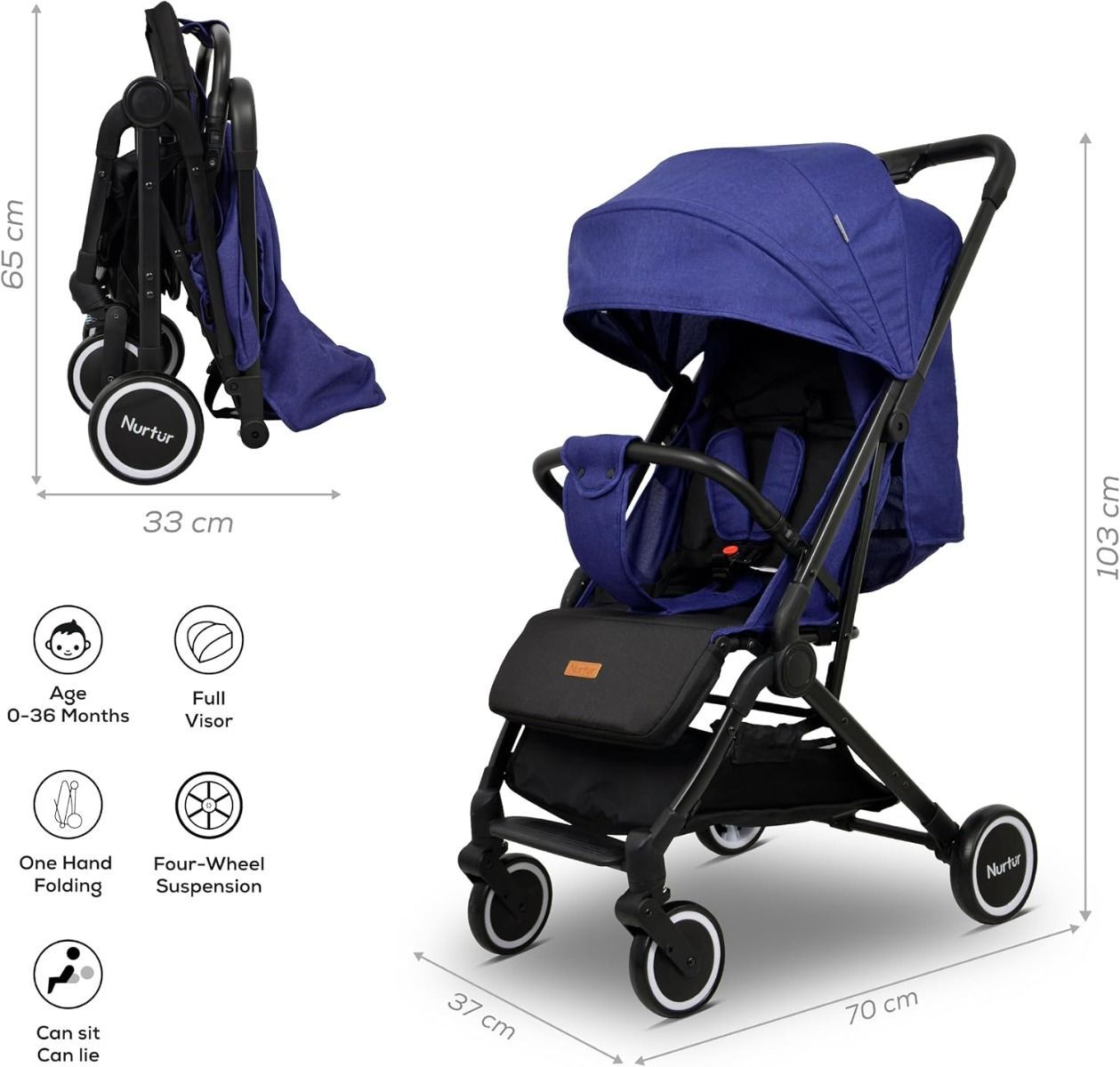Nurtur Bravo Lightweight Travel Stroller for Baby & Kids, Compact Foldable Design, Airline Cabin|Denim