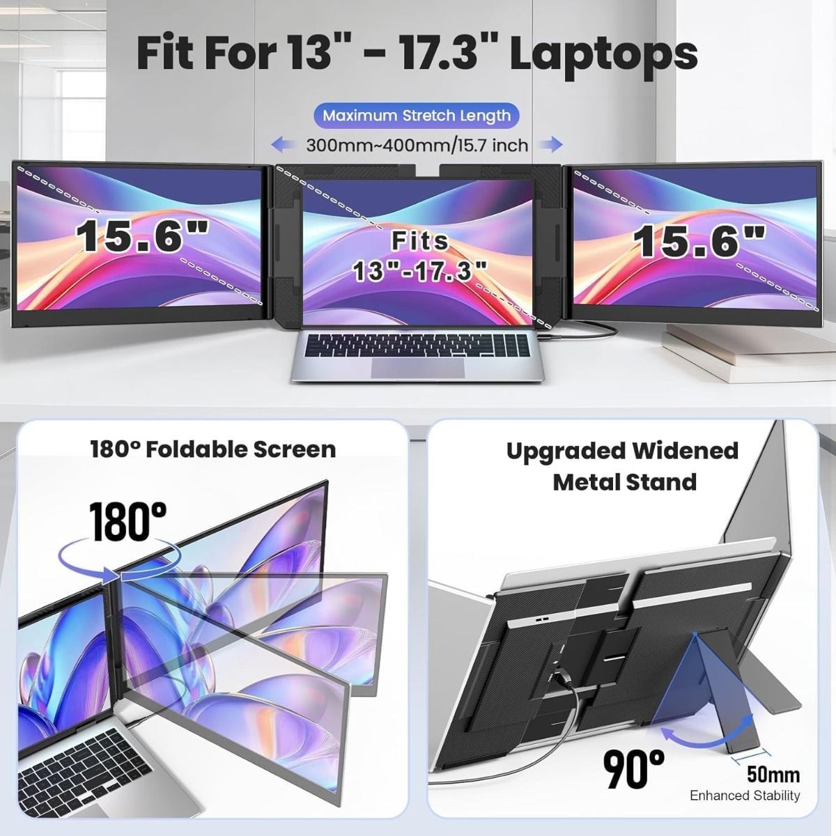 V2COM VP7P Triple Laptop Screen Extender, 15.6" 1080P FHD Portable Monitor, Ultra-Slim, USB-C Plug & Play | Black