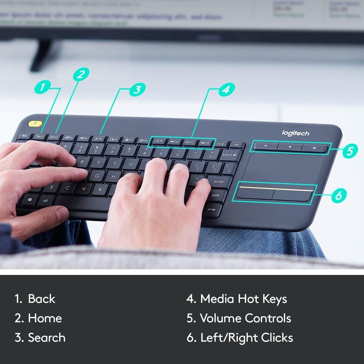 Logitech K400 Plus Wireless Touchpad Keyboard for TV - Compact PC Keyboard with 10m Range |Black