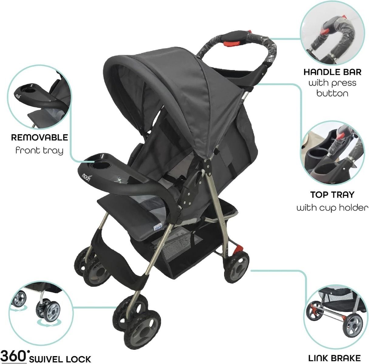 The Moon Brand  Bezik Baby Stroller - Lightweight One-Hand Foldable Travel Pram for Newborns to Toddlers up , Up to 24kg, 5-Point Harness | Grey