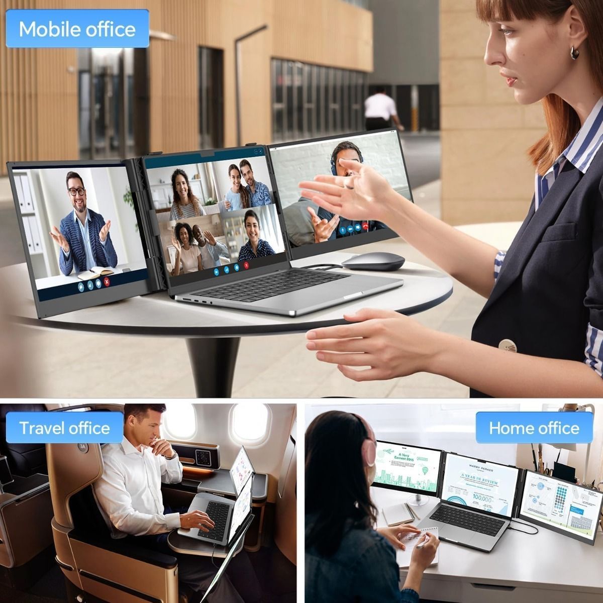 V2COM Portable Dual Monitor 14" Triple Laptop Screen Extender, 1080P FHD IPS, Lightweight 2.2lbs, USB-C & HDMI, Fits 13-17.3" Laptops - Black