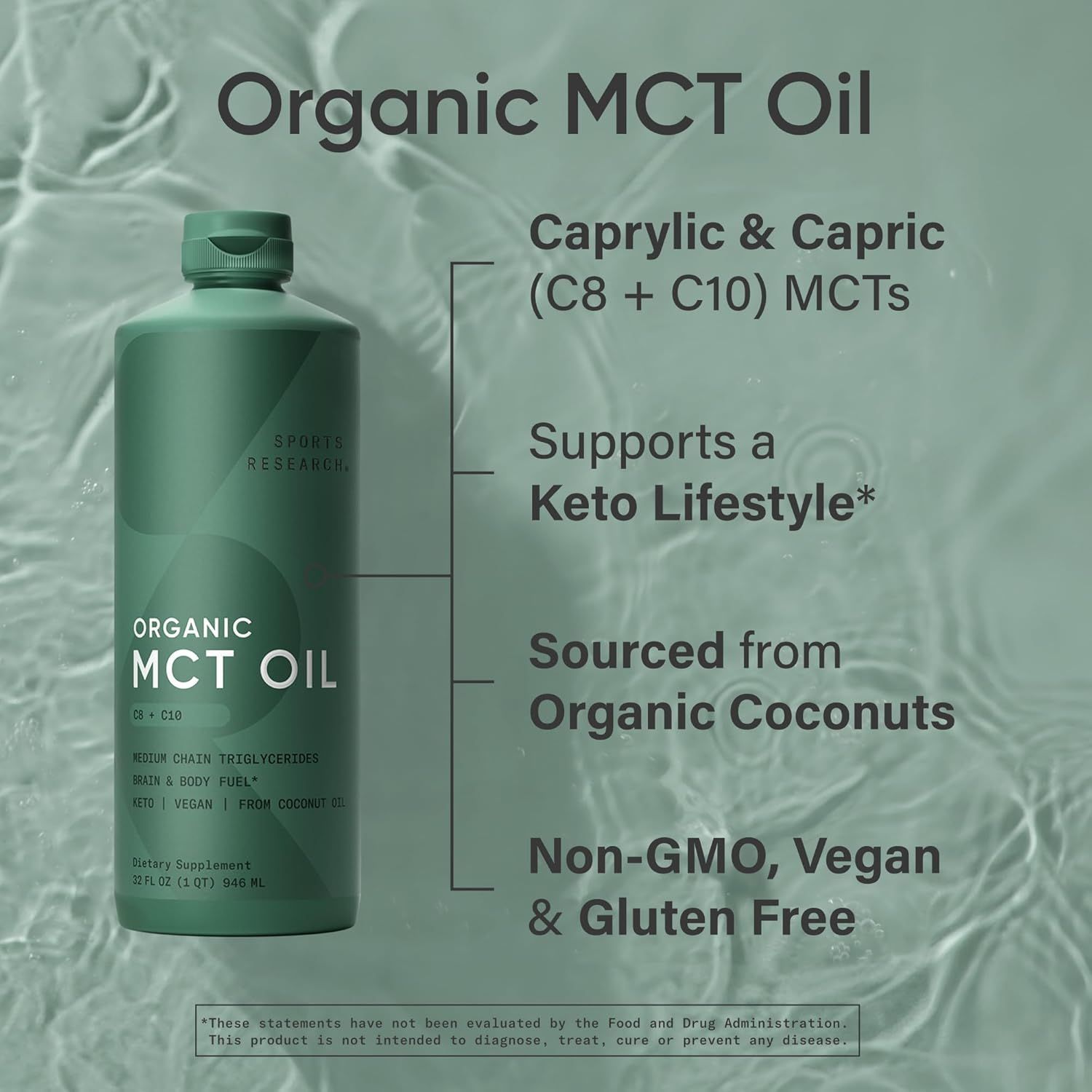 Sports Research Organic MCT Oil - 32oz Pure Coconut Energy for Keto