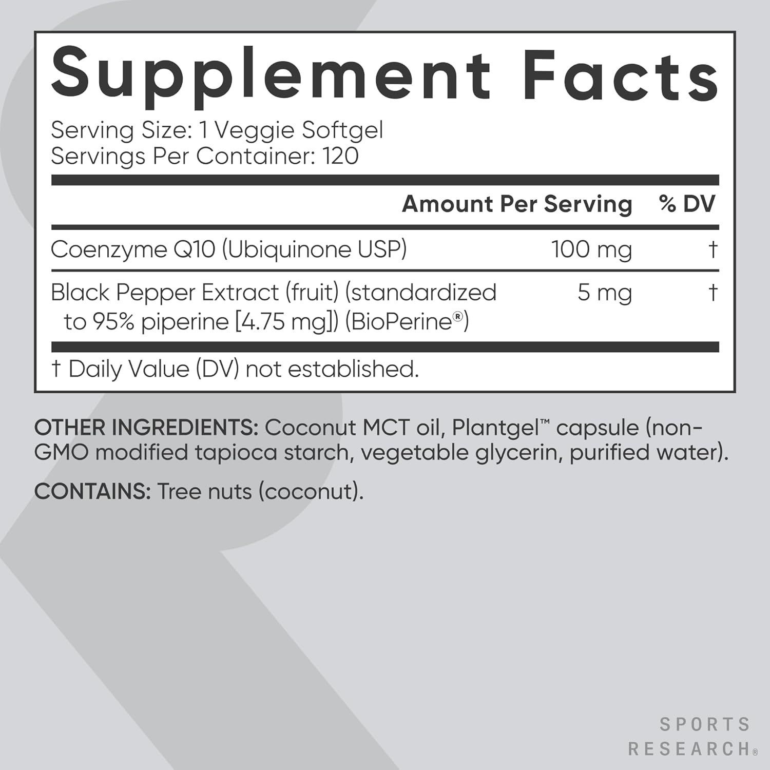 Sports Research CoQ10 with BioPerine & Coconut Oil - 100mg, 120 Veggie Softgels