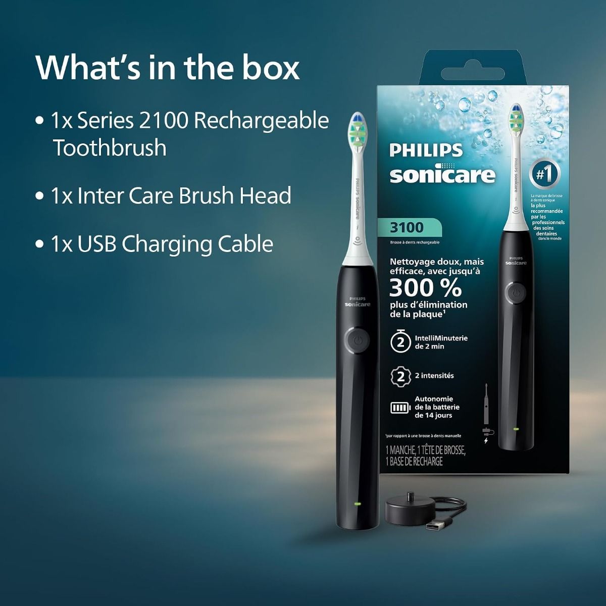 Philips Sonicare 2000 Series Electric Toothbrush HX4021/02, Black - Sonic Tech, 2 Intensity Settings