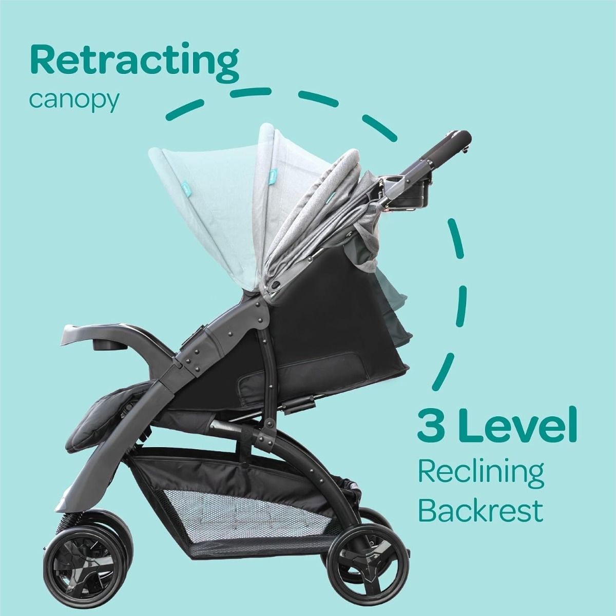 The Moon Aria Baby Stroller - Convertible Reclining Travel Gear with 360 Wheels, 5-Point Harness, 0 Months+ | Light Grey