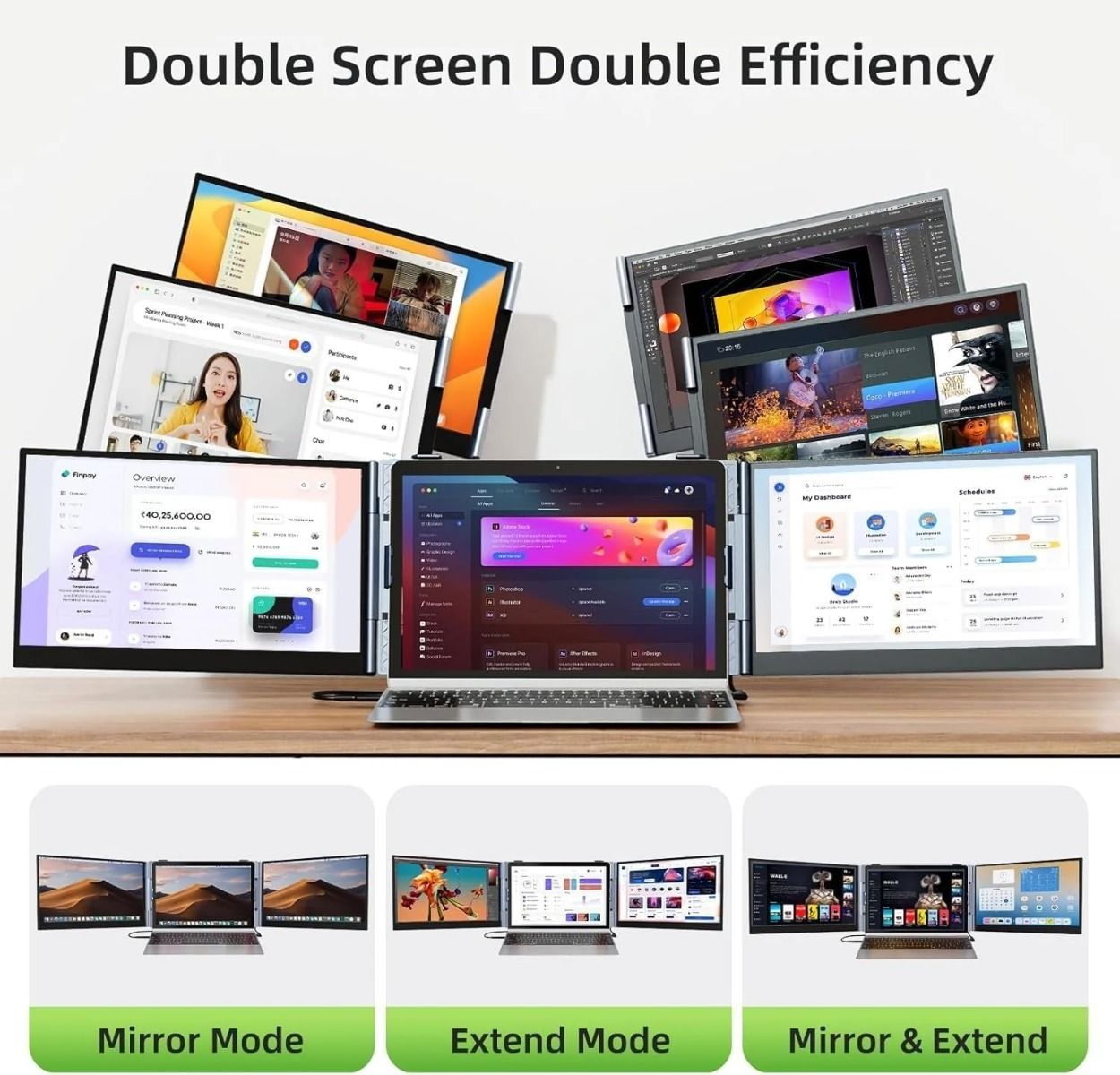 V2COM 14" Triple Laptop Screen Extender, One Cable USB-C Portable Monitor, FHD 1080P Ultra-Thin Lightweight Triple Screen for 1317" Laptops - Black