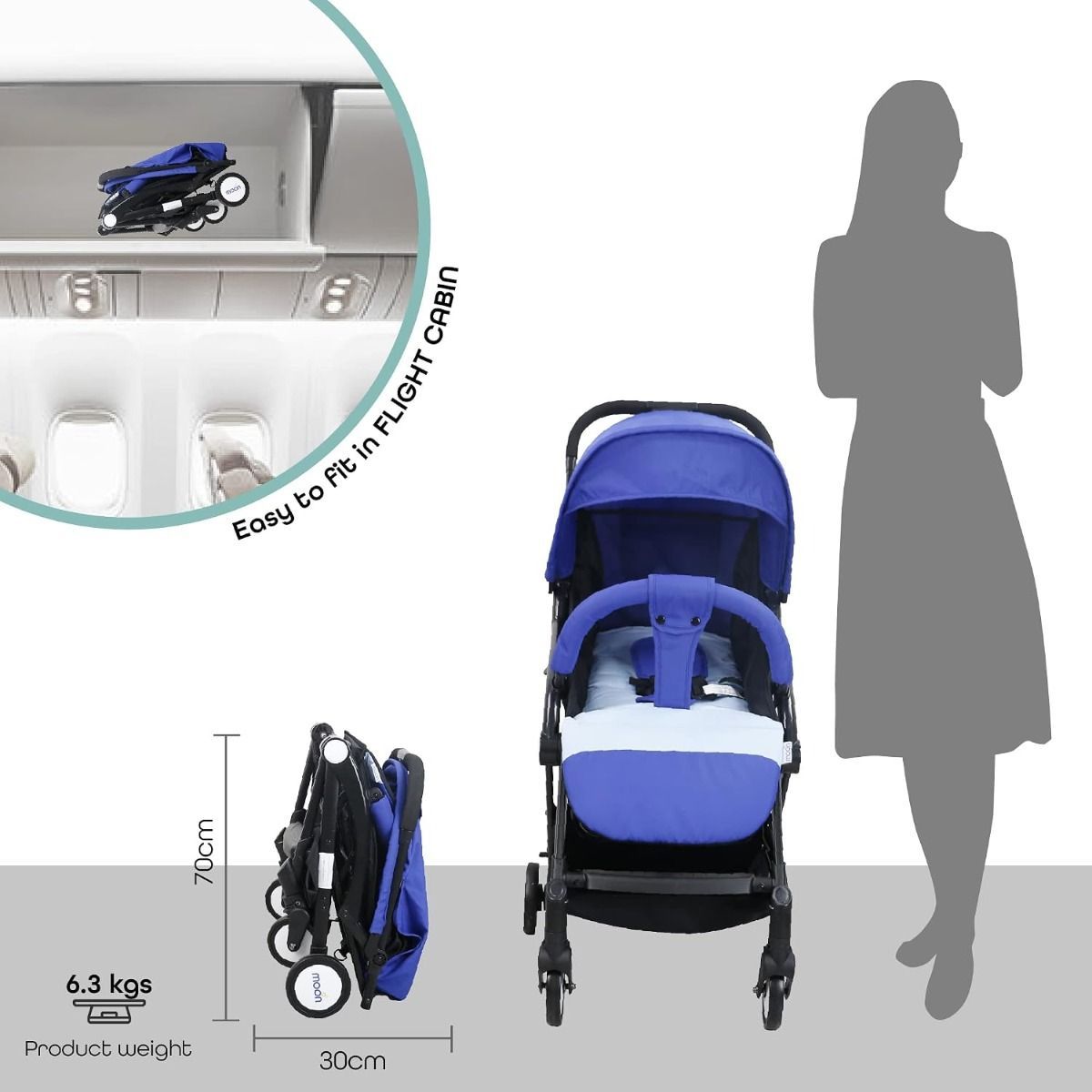 The Moon Brand TravelLite Compact Folding Stroller, Cabin Approved Travel Pram for Newborn, 0-18 kg, Birth to 3 Years,  5-Point Harness | Royal Blue
