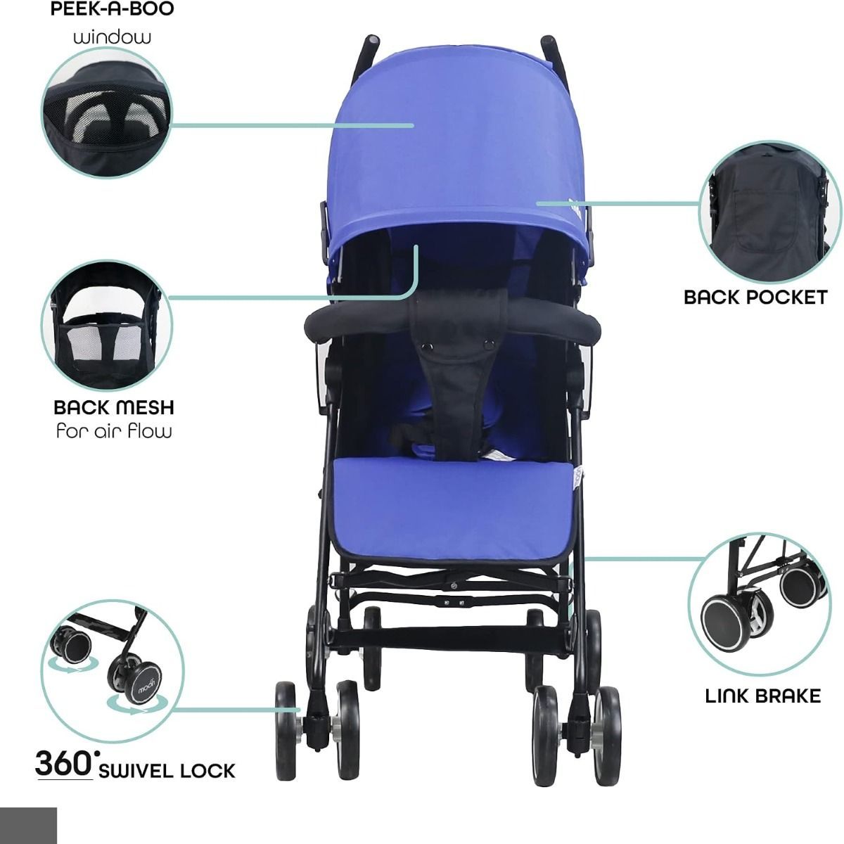 The Moon Brand Neo Plus Lightweight Travel Stroller, Compact Umbrella Fold, 5-Point 18 kg, 0 Months+ | Cyan Blue