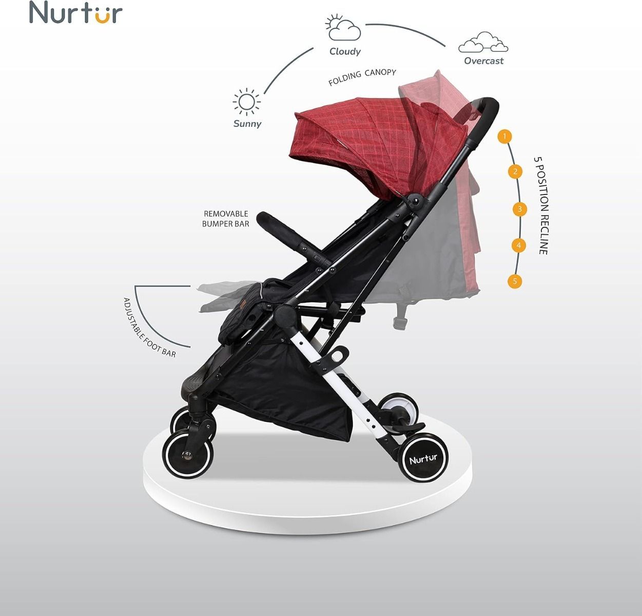 Nurtur Bravo Lightweight Travel Stroller for Baby & Kids, Compact Foldable Design with 5-Point, 15 lbs, 0-36 Months | Red