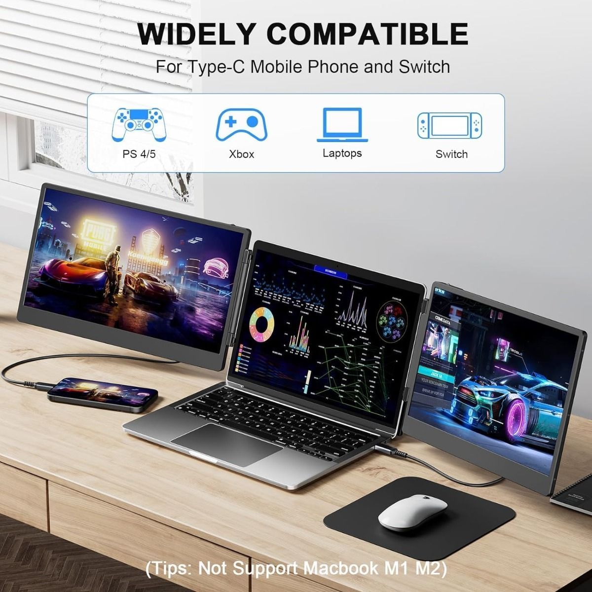 V2COM S3 Laptop Screen Extender, 14'' Triple Portable Monitor, 1080P FHD IPS, Plug and Play, Compatible with 13''-17'' Laptops, MacOS, Windows