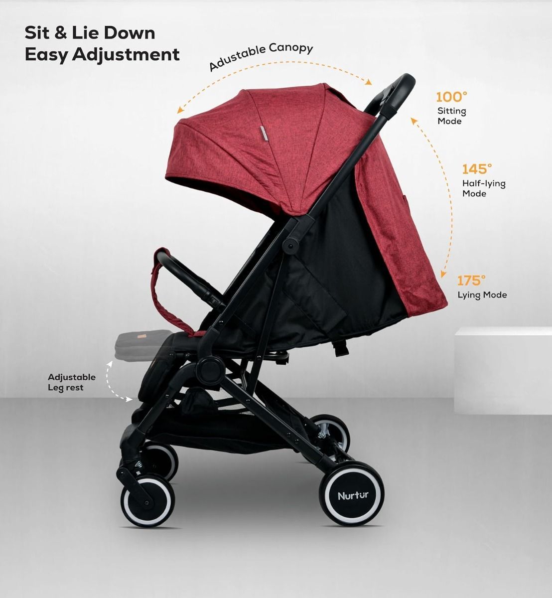 Nurtur Bravo Lightweight Travel Stroller for Baby & Kids, Compact Foldable Design, 5-Point, 0-36 months | Red