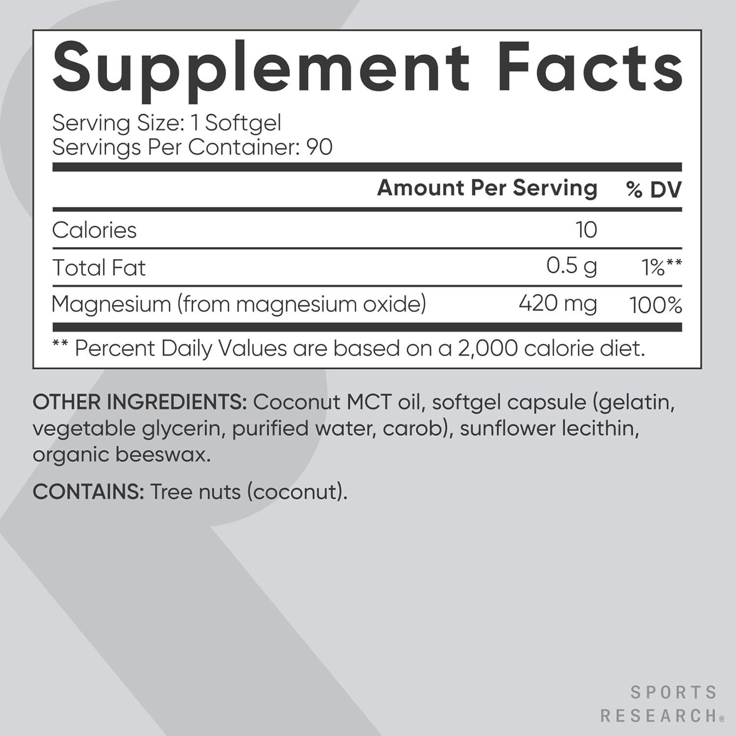 Sports Research Magnesium Oxide 420mg with Coconut MCT Oil - Wellness Support Softgels