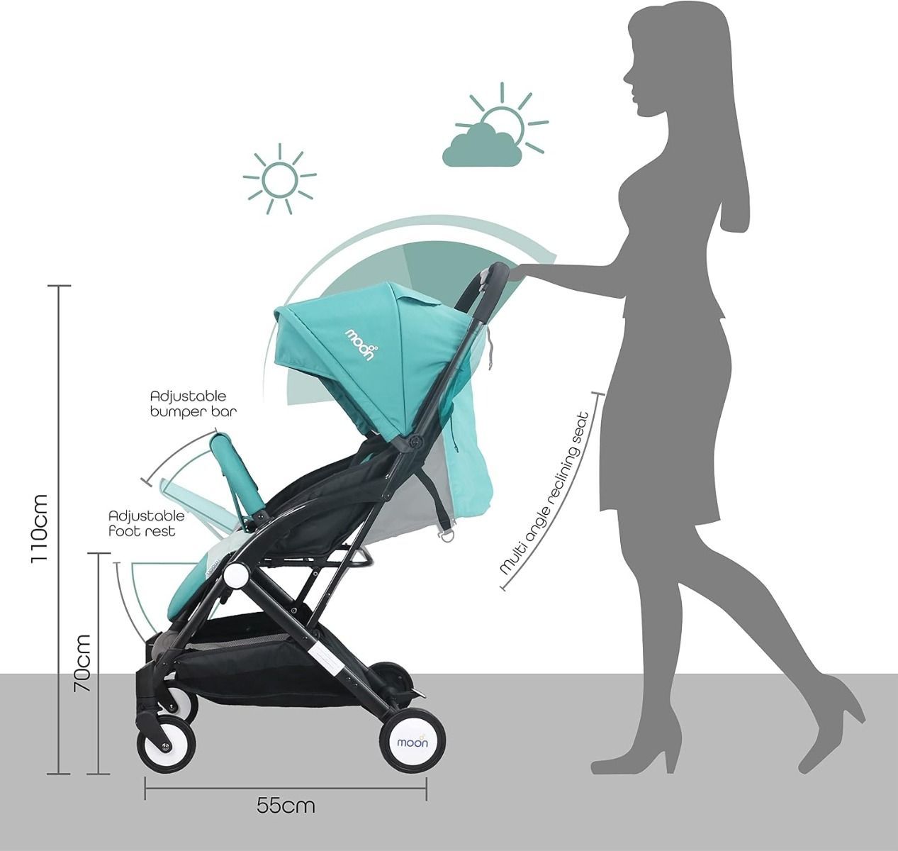 The Moon Brand Ritzi TravelLite Compact Stroller - Lightweight Foldable Pram for Air Travel, 0-18kg, Birth to 3 Years, 5-Point Harness | Sea Blue