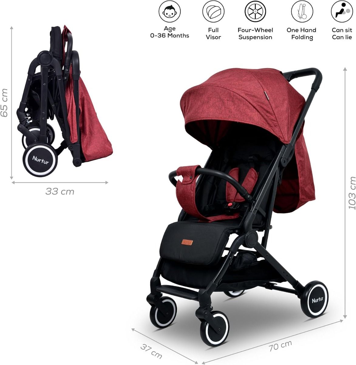 Nurtur Bravo Lightweight Travel Stroller for Baby & Kids, Compact Foldable Design, 5-Point, 0-36 months | Red