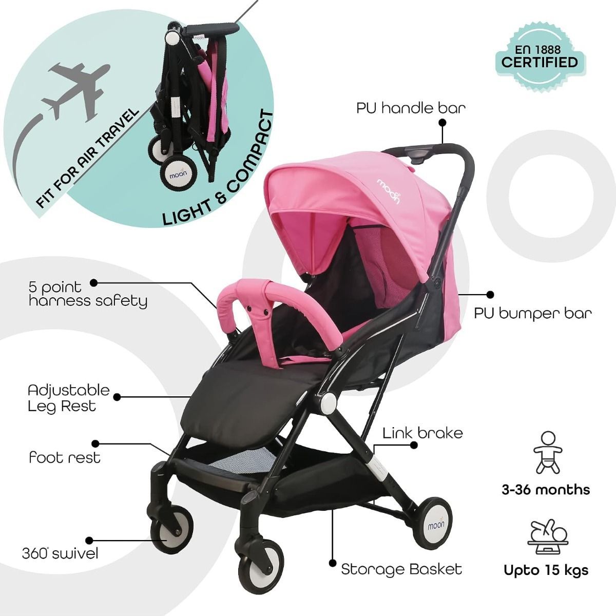 The Moon Brand TravelLite Compact Stroller - Lightweight Cabin-Approved Foldable Pram for Newborns Pink, 0-18 kg,  5-Point Harness