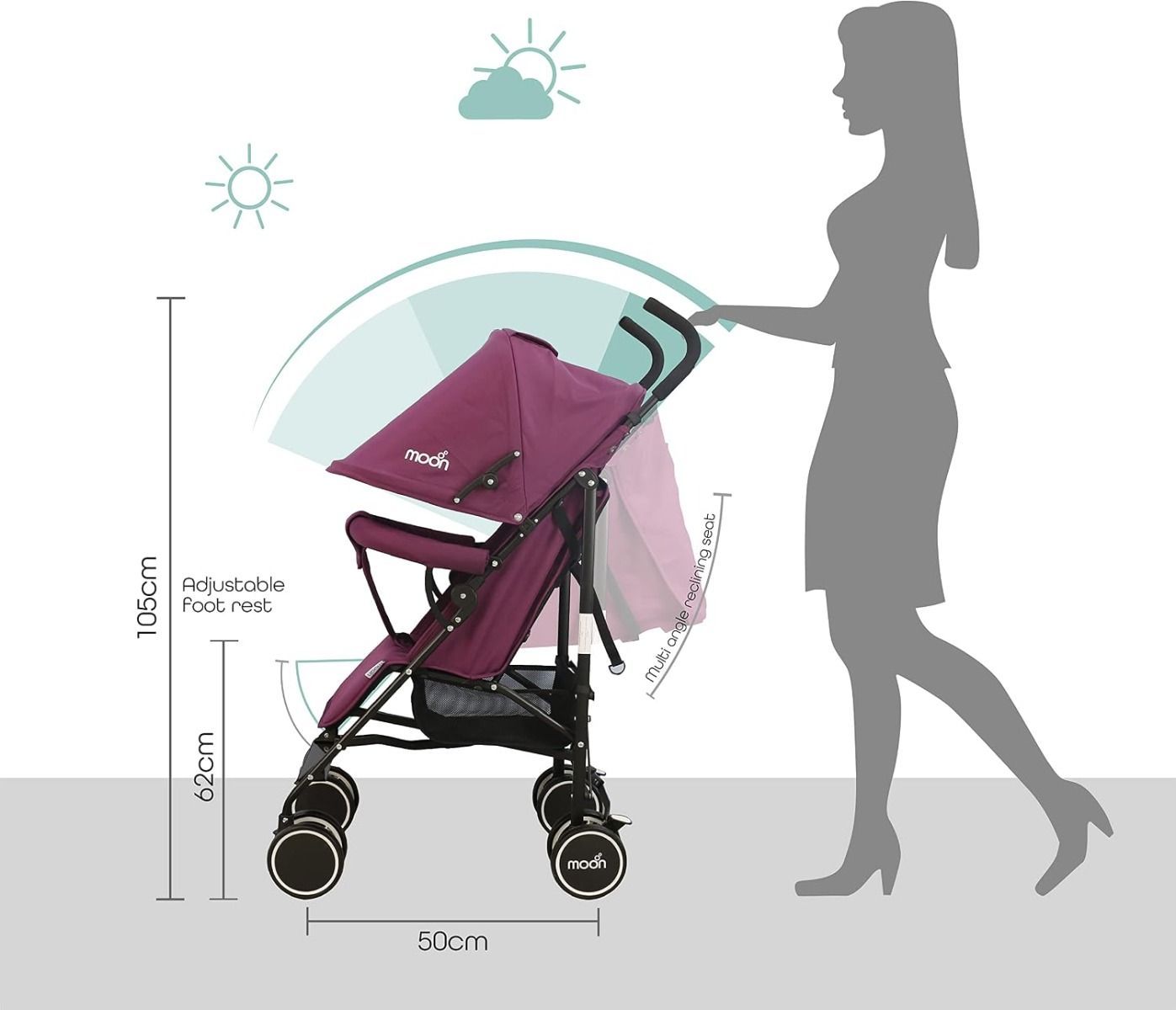 The Moon Brand Neo Plus Lightweight Umbrella Stroller, Compact Fold, Multi-Position Recline, Up to 18 kg, 0 Months+, 5-Point Safety Belt | Purple