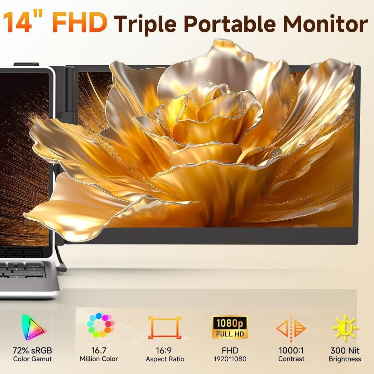 V2COM Portable Dual Monitor 14" Triple Laptop Screen Extender, 1080P FHD IPS, Lightweight 2.2lbs, USB-C & HDMI, Fits 13-17.3" Laptops - Black