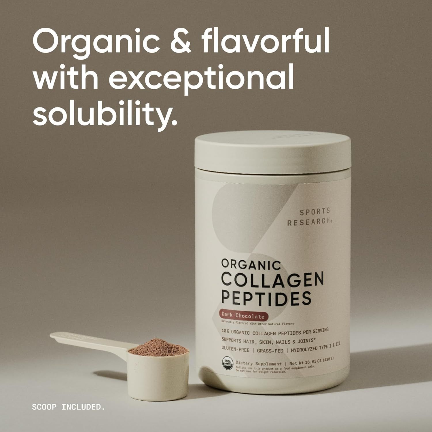 Sports Research Organic Collagen Powder - Hydrolyzed Type I & III - Dark Chocolate Flavor - 30 Servings