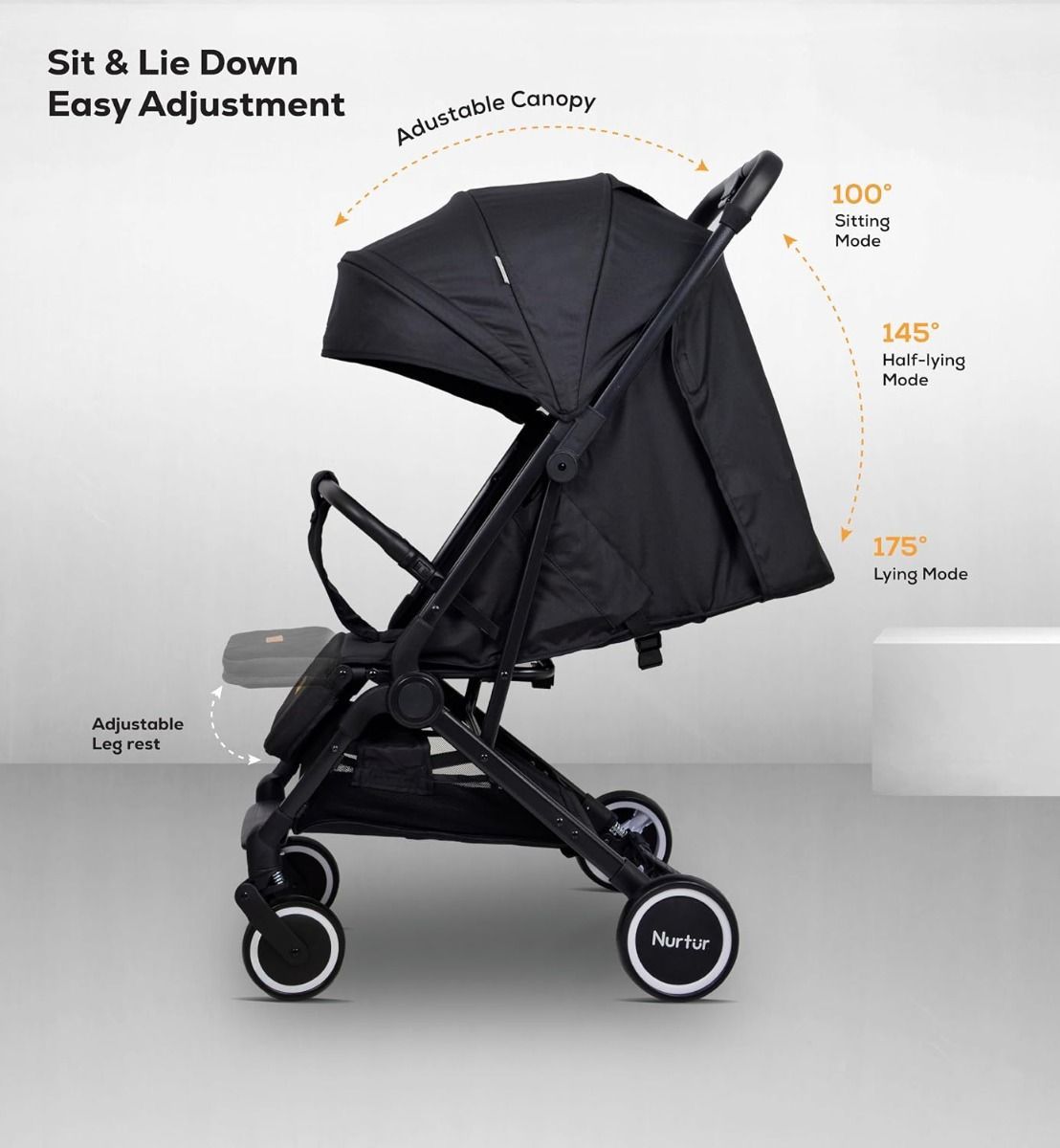 Nurtur Bravo Lightweight Travel Stroller for Baby & Kids, Compact Foldable Design, 5-Point Safety, 0-36 months | Black