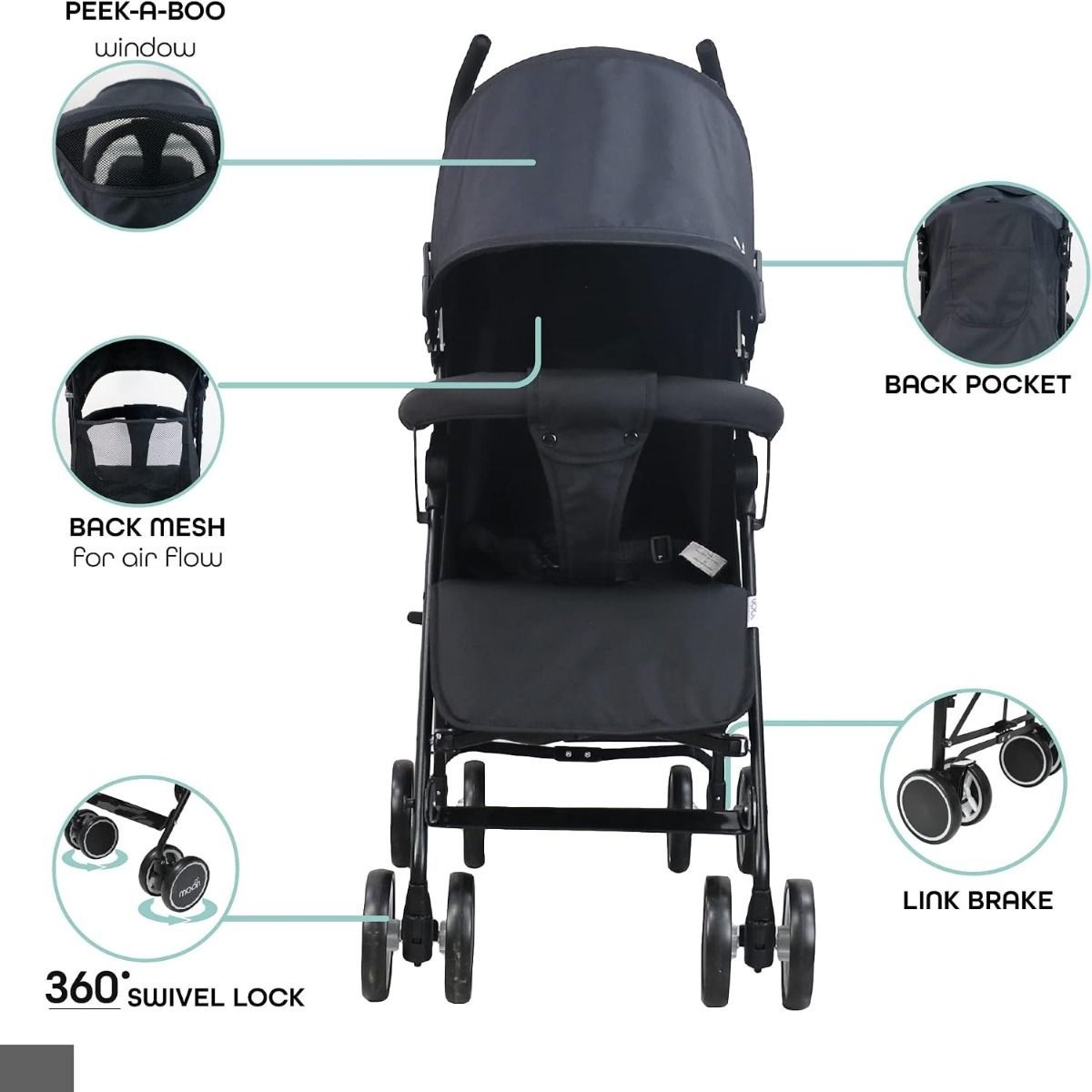 The Moon Brand Neo Plus Lightweight Travel Stroller, Foldable Umbrella Pushchair Up to 18 kg, 0 Months and up | Dark Grey