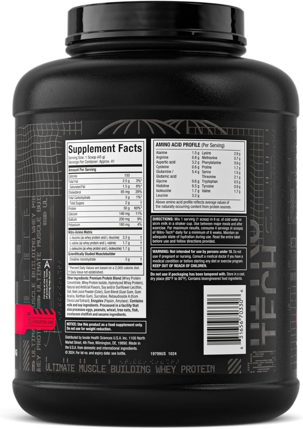 Muscletech Nitro-Tech Whey Protein Isolate & Peptides - Strawberry Flavor - 30g Protein per Scoop