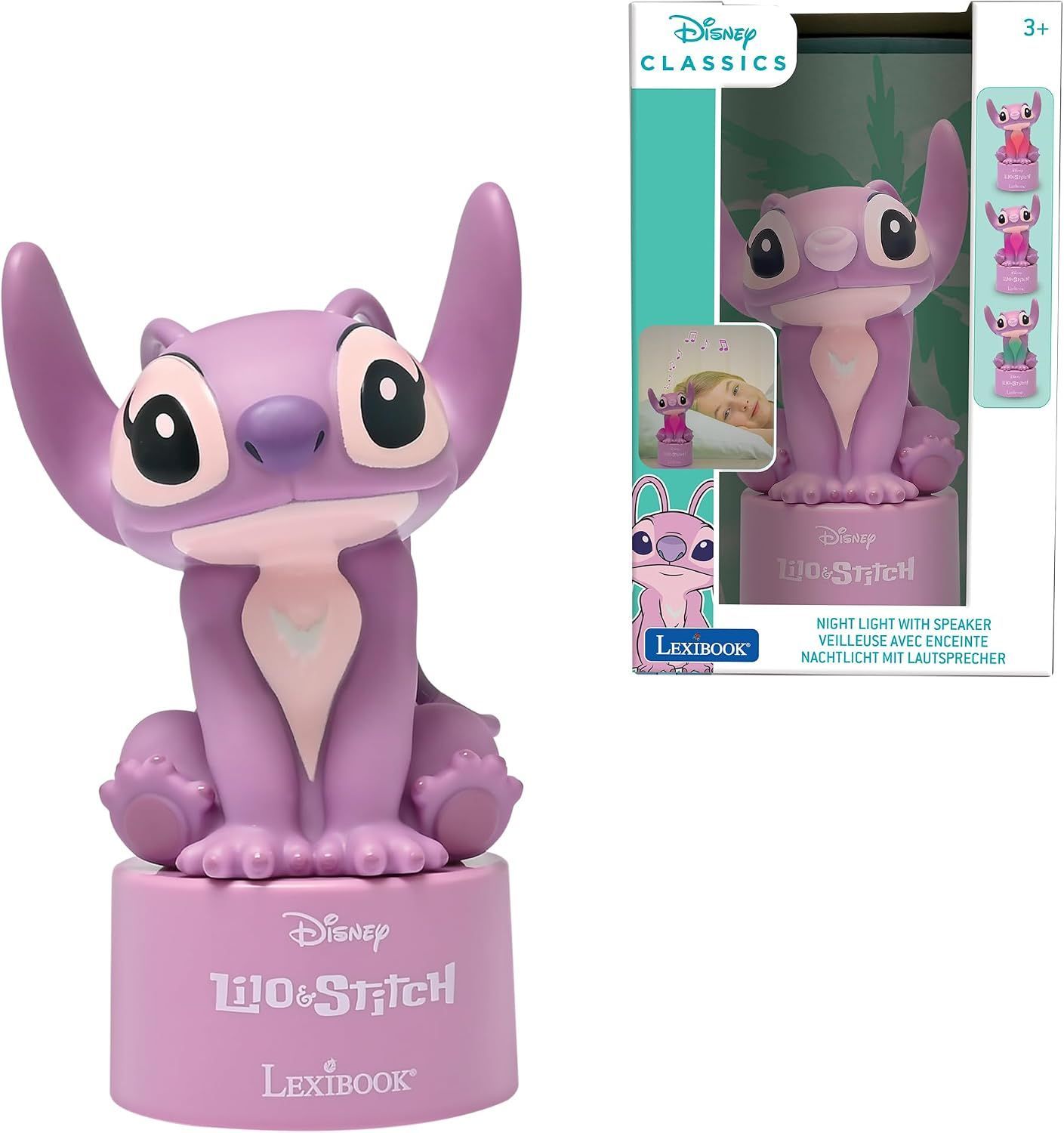 Lexibook Disney Stitch Angel Nightlight & Speaker, Color-Changing Nursery Lamp with Built-in Pink