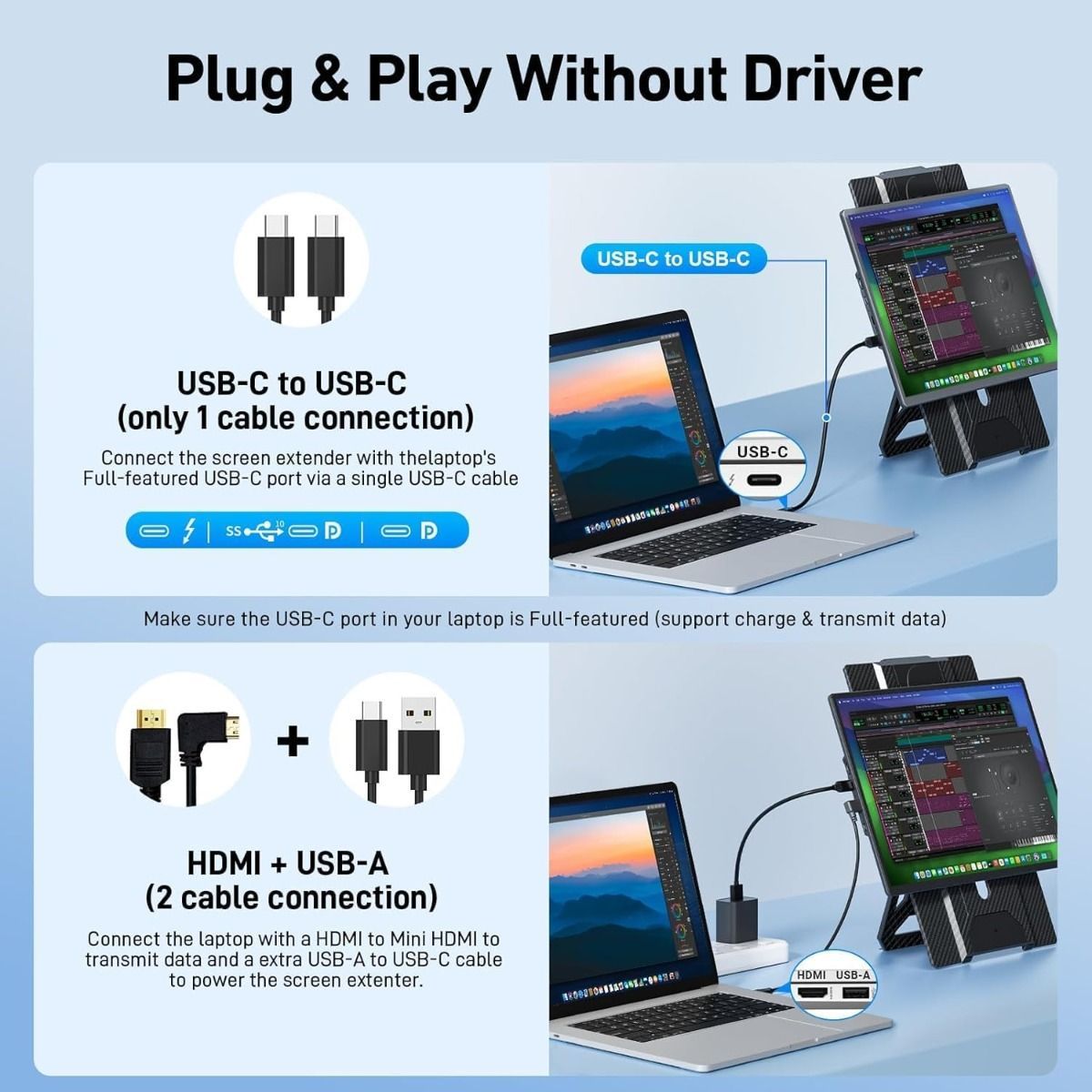 V2COM 16.1" Portable Laptop Monitor Extender, FHD 1200P 16:10 Display, Height-Adjustable Case Stand, 360 Rotation, USB-C/HDMI - N2- Black 