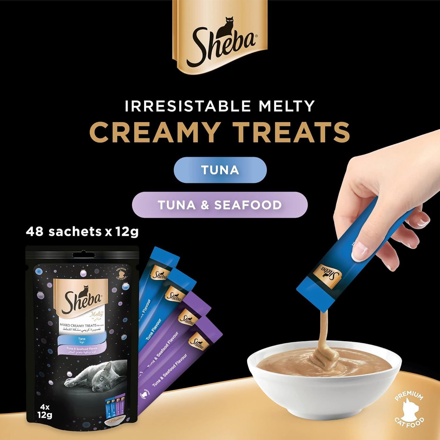 Sheba Melty Cat Food Treats - Tuna & Seafood Flavors, 48 Pouches of 12g