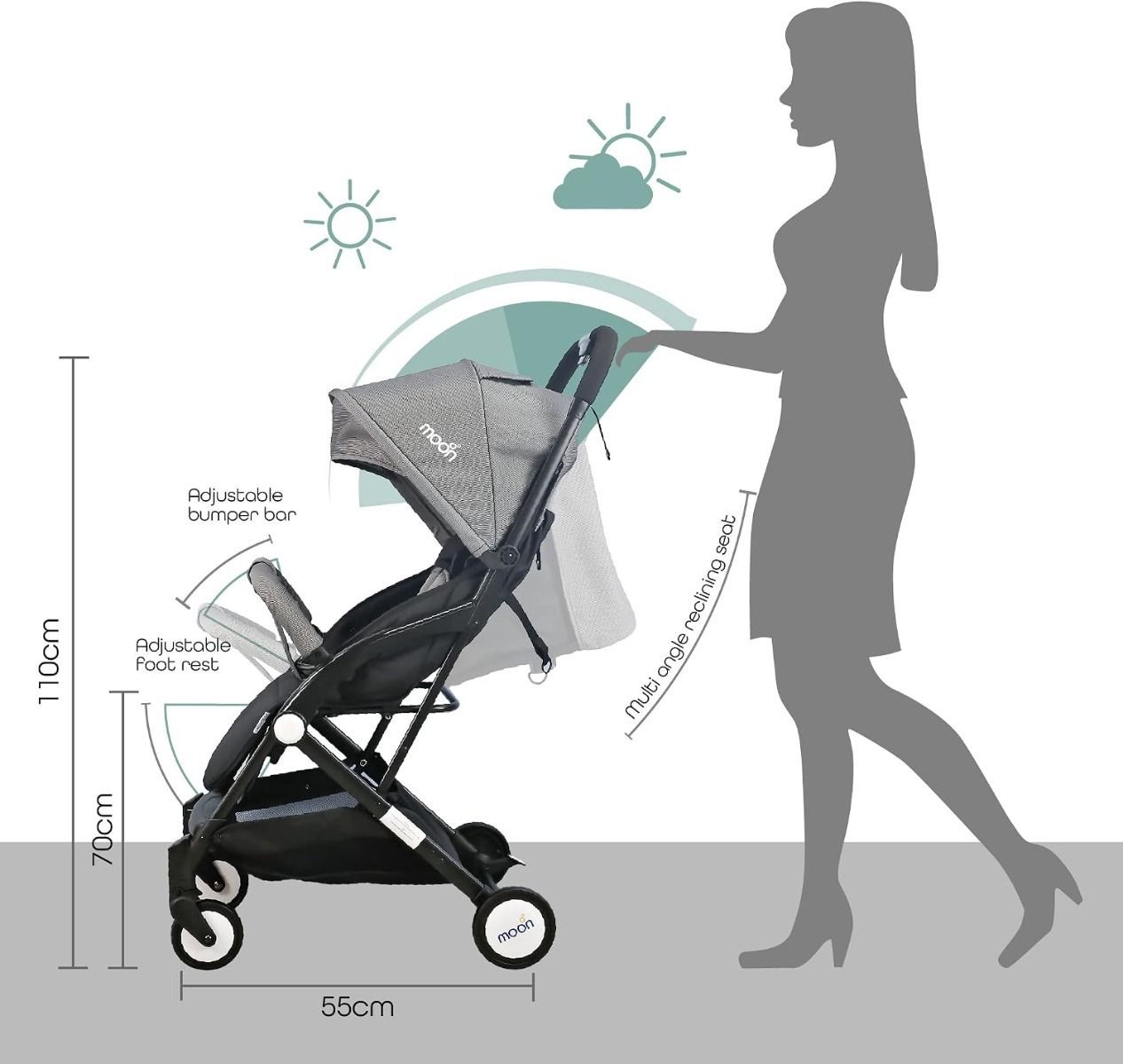 The Moon Brand TravelLite Compact Cabin Stroller - Lightweight Foldable Pushchair for Baby, Up to 18 kg | Black/Grey 