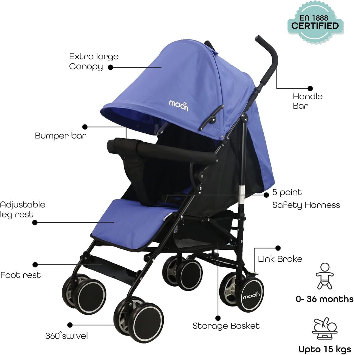 The Moon Brand Neo Plus Lightweight Travel Stroller - Compact Umbrella Fold Pushchair Up to 18 kg, 0 Months+, 5-Point Safety Belt | Royal Blue