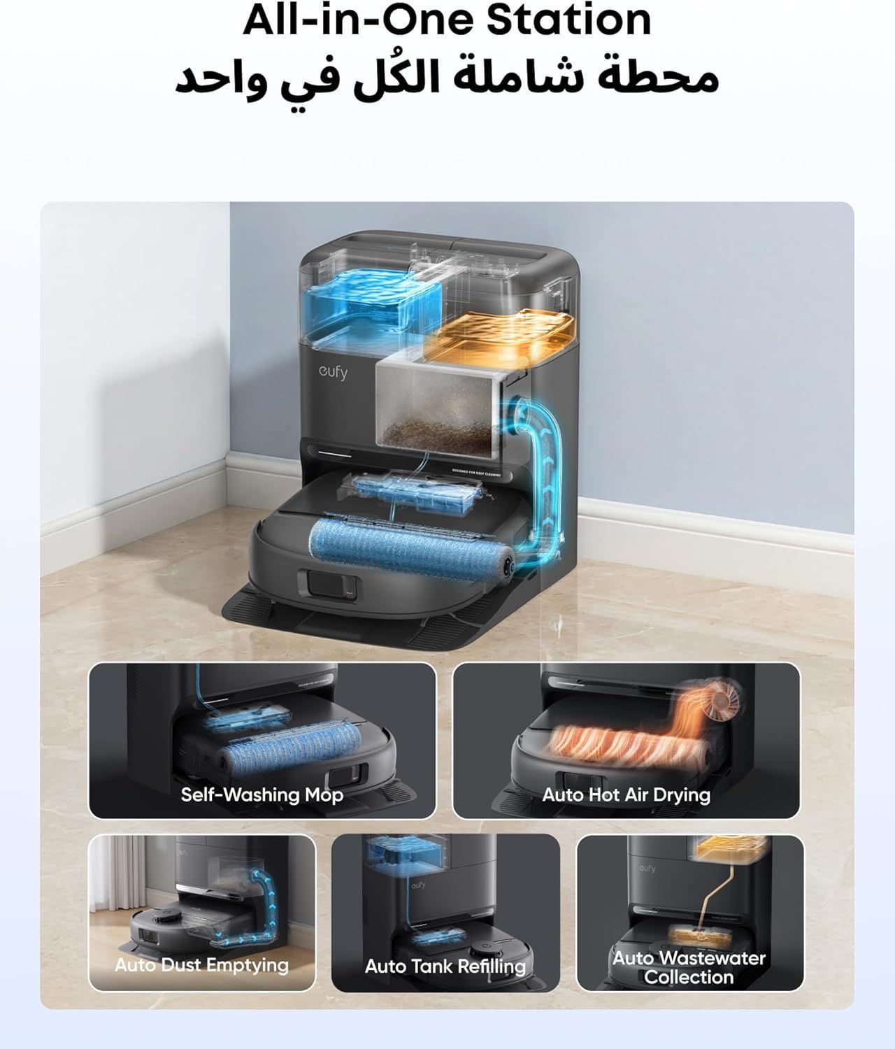 eufy C28 Omni Smart Robot Vacuum & Mop, HydroJet Self-Cleaning, Automatic Dirt Disposal, Powerful Suction, App Control - Black