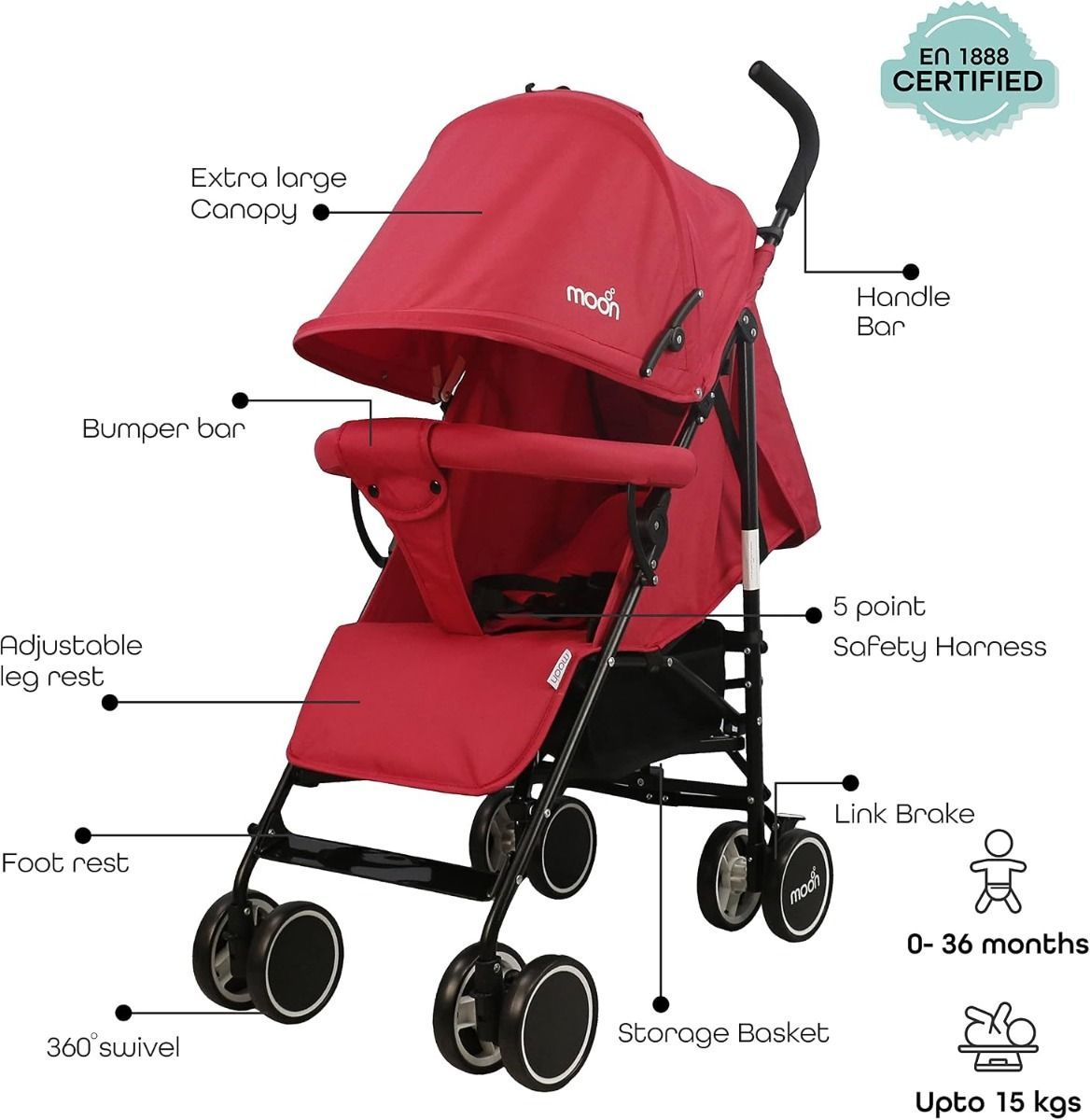 The Moon Brand Neo Plus Lightweight Travel Stroller Compact Umbrella Fold Pushchair for Babies Fire Red, 5-Point Safety Belt