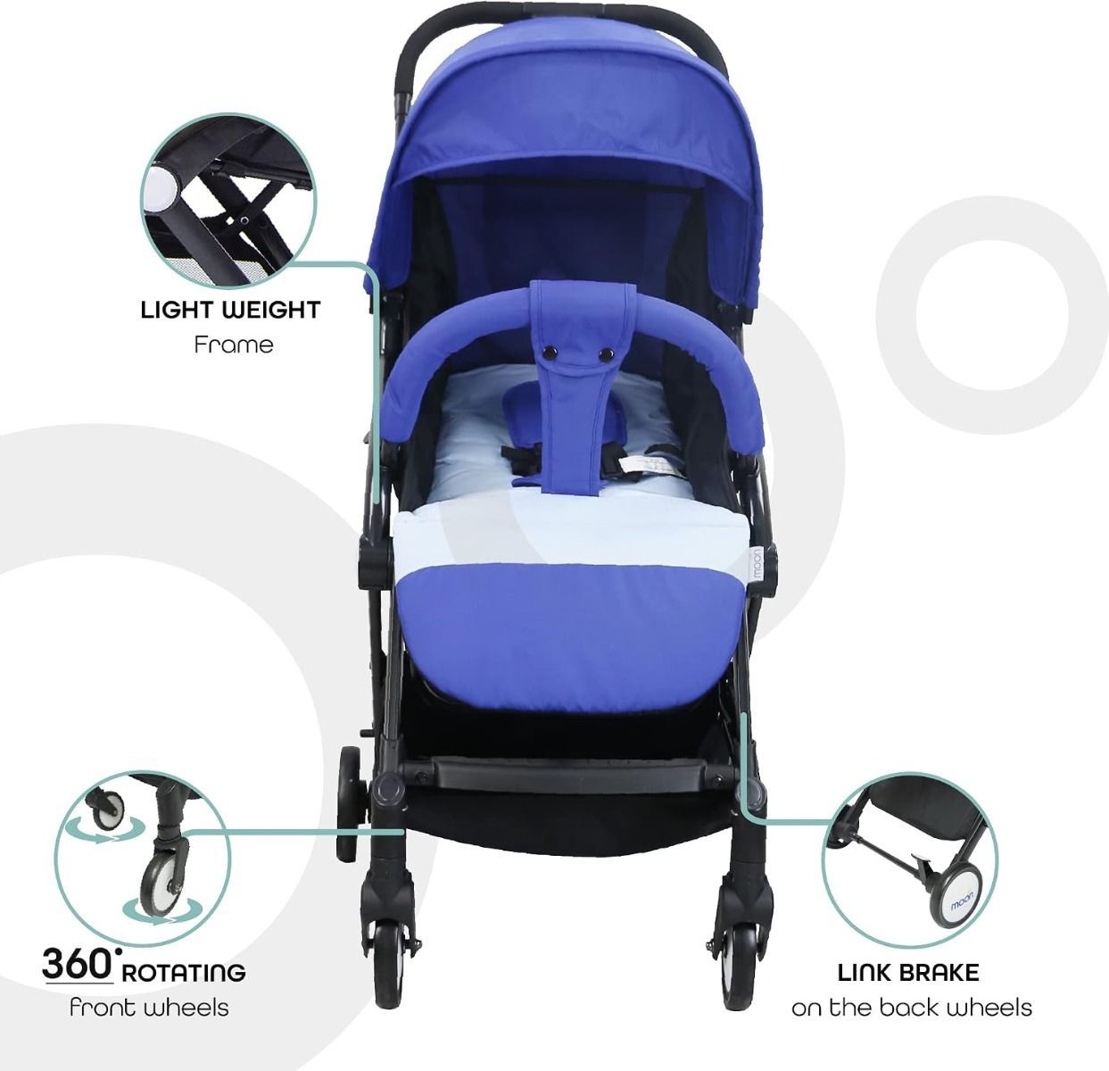 The Moon Brand TravelLite Compact Folding Stroller, Cabin Approved Travel Pram for Newborn, 0-18 kg, Birth to 3 Years,  5-Point Harness | Royal Blue