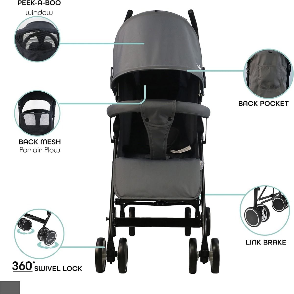 The Moon Brand Neo Plus Lightweight Travel Stroller Compact Umbrella Fold Pushchair for Babies, Up to 18 kg, 0 Months+ | Grey