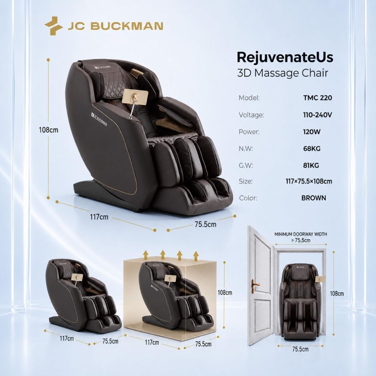 JC BUCKMAN RejuvenateUs 3D Full Body Massage Chair, Zero Gravity SL-Track, 18 Auto Programs, Heat Therapy, Bluetooth Speakers | Dark Brown
