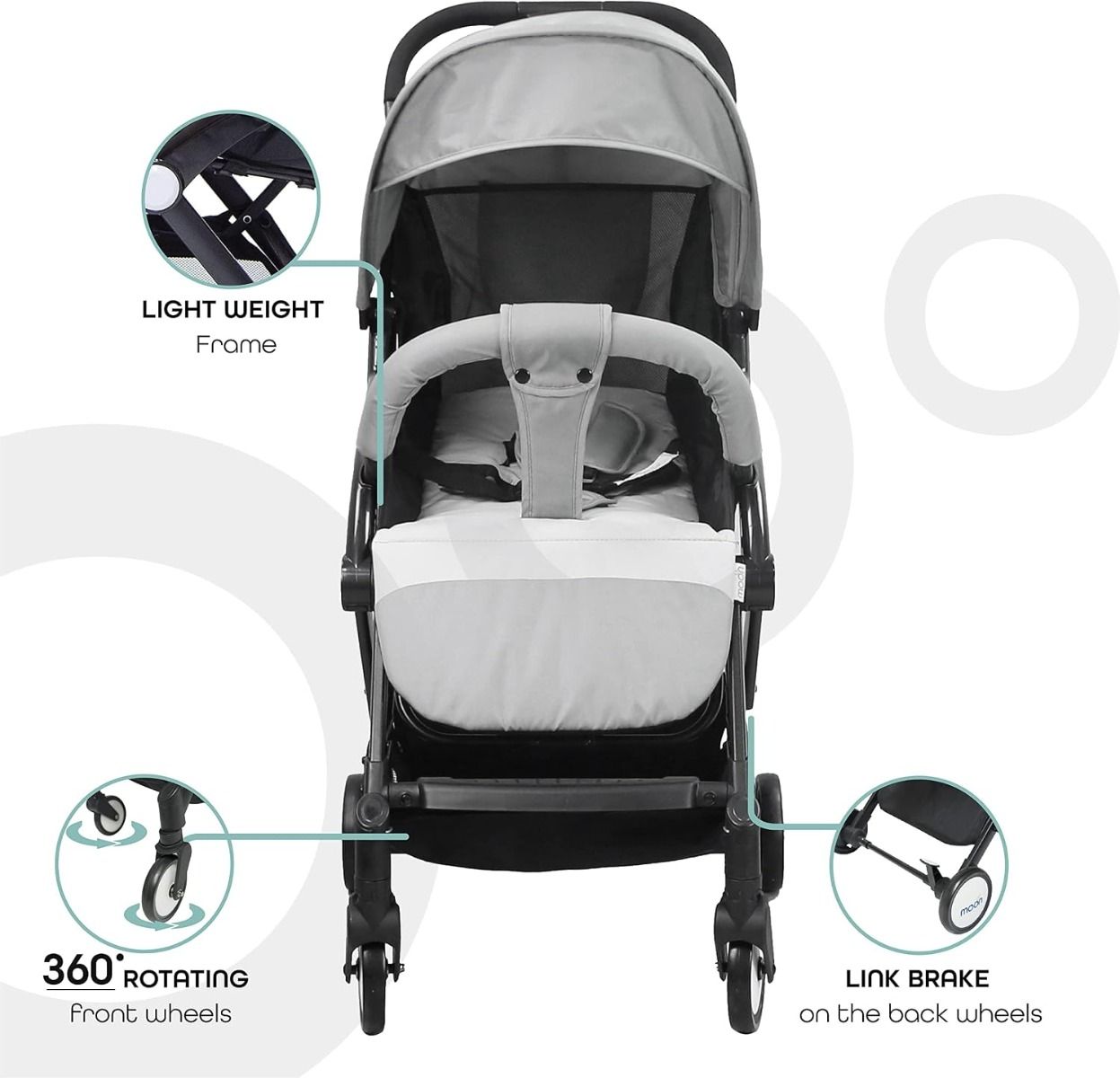 The Moon Brand Ritzi TravelLite Stroller, Compact Folding Cabin Pram for Air Travel, 18 kg, Birth to 3 Years, 5-Point Harness | Light Grey