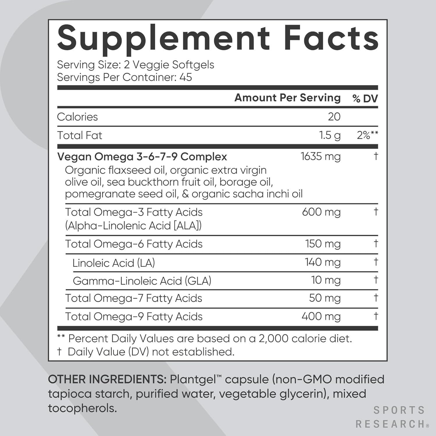 Sports Research Vegan Omega 3-6-7-9 - 1200 mg Multi-Spectrum Fatty Acids