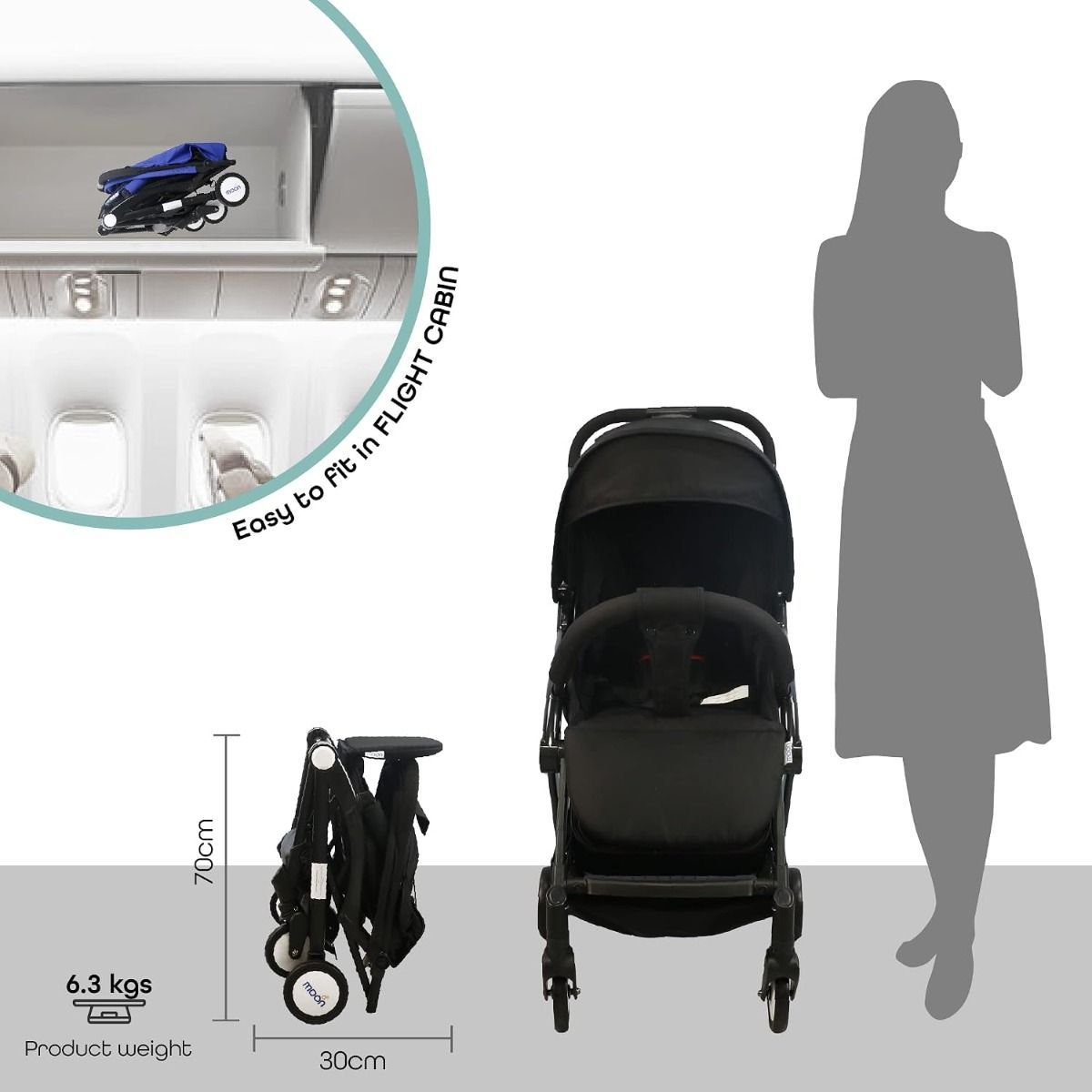 The Moon Brand Ritzi Compact Travel Stroller - Lightweight Foldable Cabin Pram for Newborns to 3 Years, 0-18kg (up to 3 years), 5-Point Harness | Black