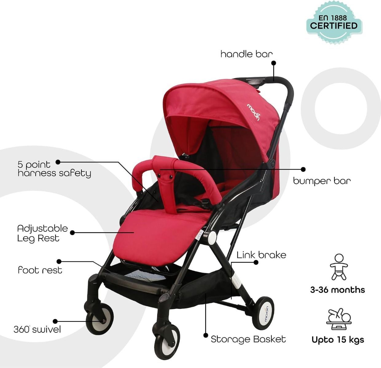 The Moon Brand Ritzi TravelLite Compact Stroller - Fire Red, Lightweight Cabin-Approved Pram 18 kg, Birth to 3 Years, 5-Point Harness, One-Hand Compact Fold