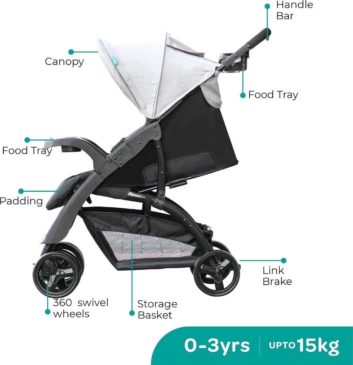 The Moon Aria Baby Stroller - Convertible Reclining Travel Gear with 360 Wheels, 5-Point Harness, 0 Months+ | Light Grey