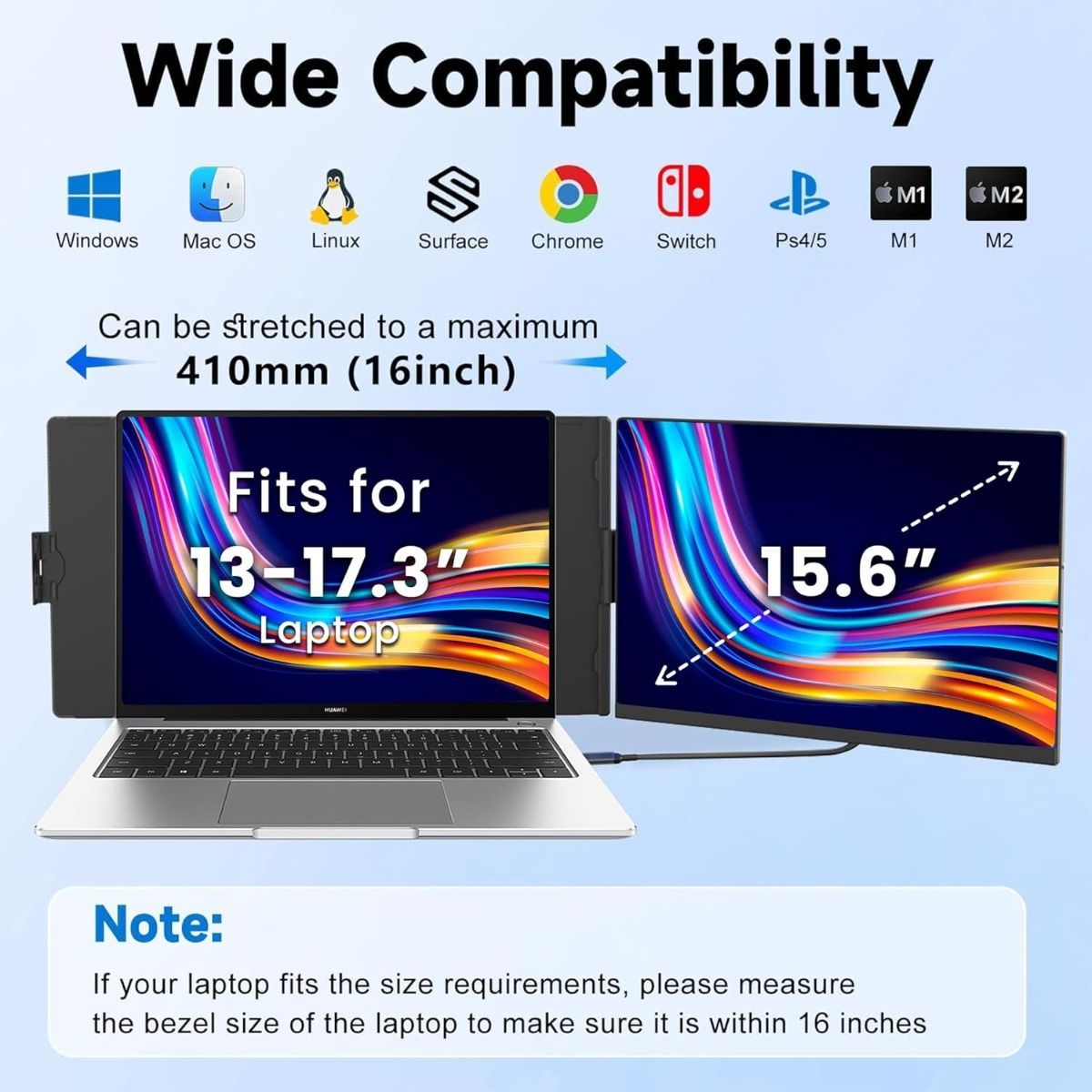 V2COM 15.6" FHD 1080P Portable Laptop Screen Extender, Detachable IPS Monitor for 13-17.3" Laptops, Plug & Play, Compatible with Windows - P5