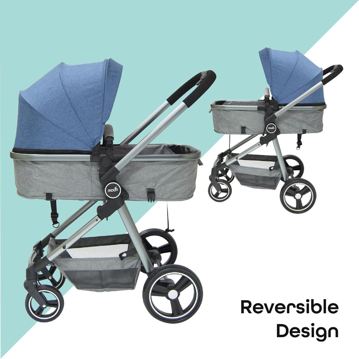 The Moon Brand Pro 2-in-1 Convertible Stroller and Bassinet for Newborns to 3 Years (Up to 18kg) 5-Point Harness | Blue