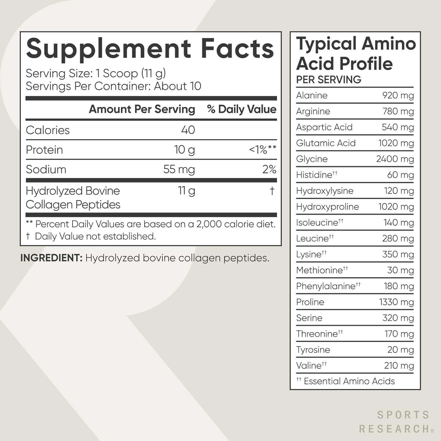 Sports Research Premium Collagen Peptides for Healthy Skin, Hair, Bones & Joints - Unflavored 110.7g