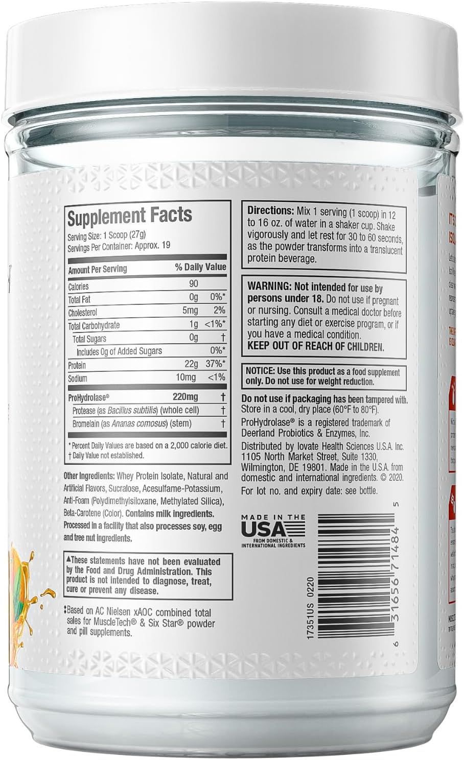 Muscletech ISO Whey Clear: Ultra-Pure 22g Protein Isolate, 0g Sugar, Orange Dreamsicle