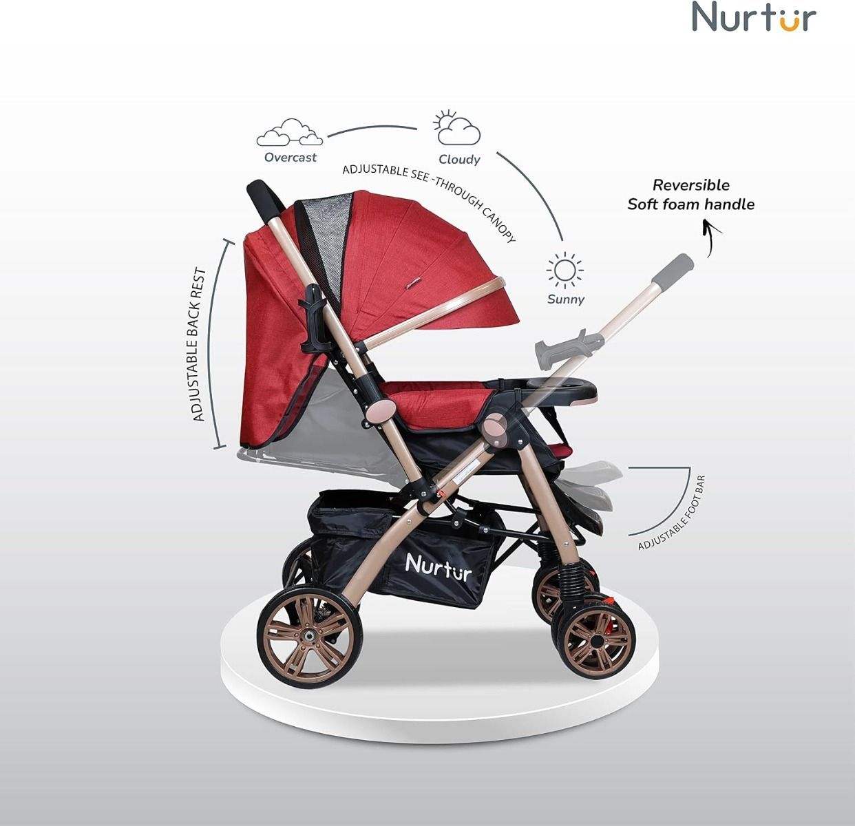 Nurtur Wilder Reversible Baby Stroller - Lightweight Compact Travel Stroller with 5-Point Harness | Red