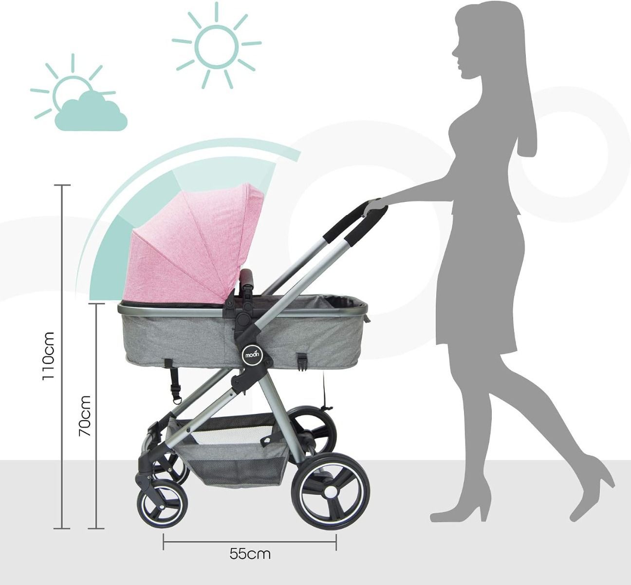 The Moon Brand Pro 2-in-1 Reversible Stroller & Carrycot - Lightweight Convertible, 12.5kg (Rear Facing) / 25kg (Forward Facing), Birth to 3 Years | Pink