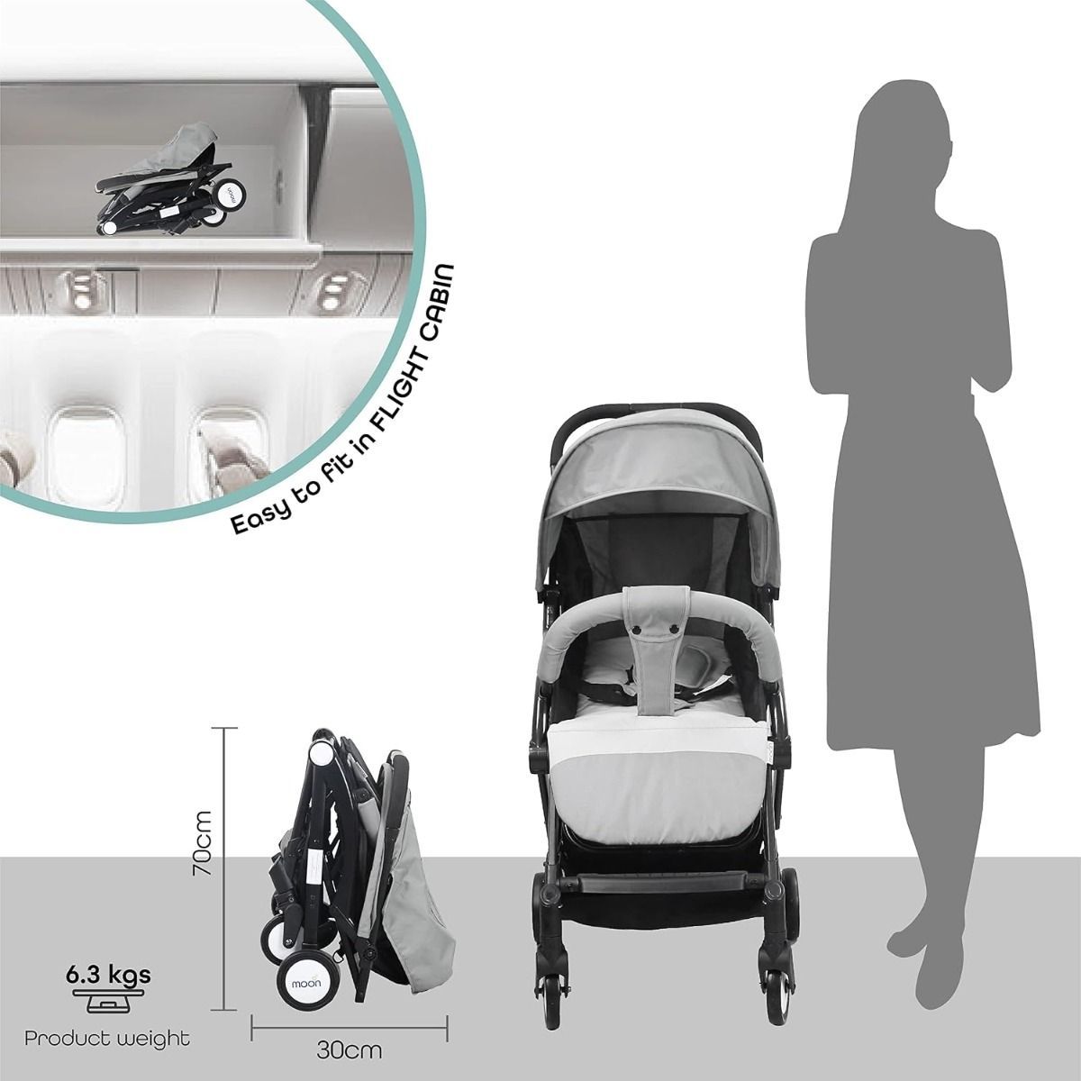 The Moon Brand Ritzi TravelLite Stroller, Compact Folding Cabin Pram for Air Travel, 18 kg, Birth to 3 Years, 5-Point Harness | Light Grey