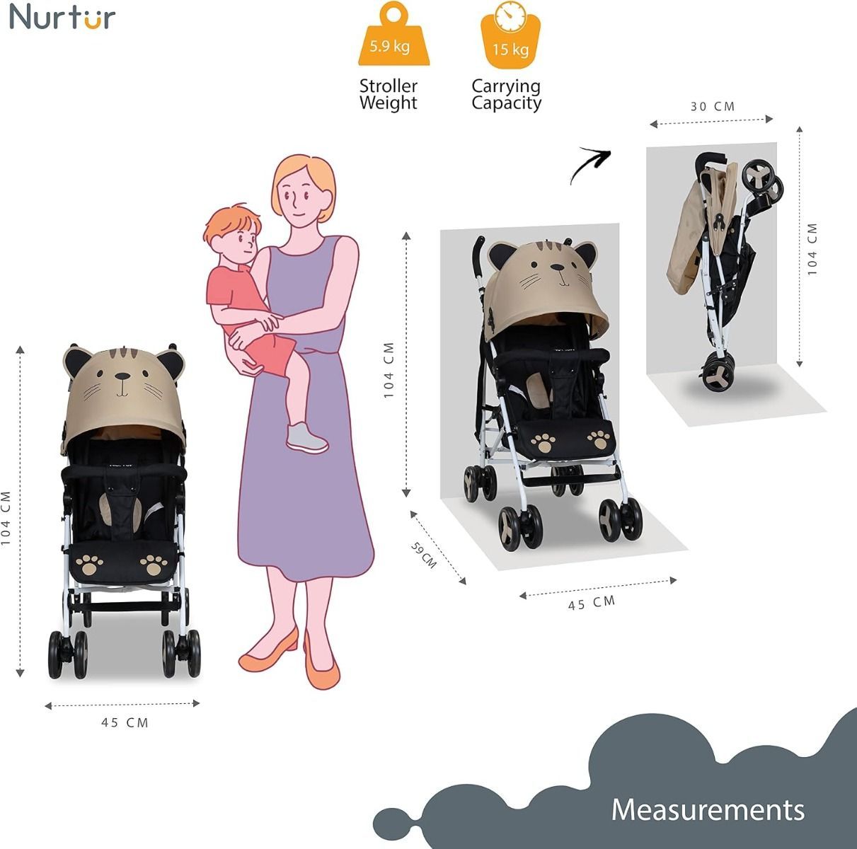 Nurtur Luca Lightweight Baby Stroller, Compact Travel Stroller with 5-Point Harness, 26 lbs, 0-36 Months | Reclining  Brown