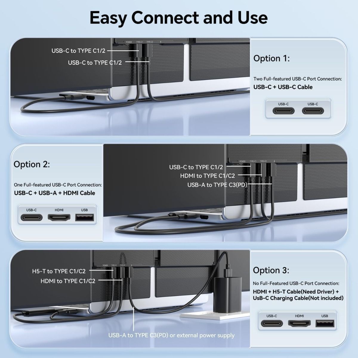 V2COM Portable Dual Monitor 14" Triple Laptop Screen Extender, 1080P FHD IPS, Lightweight 2.2lbs, USB-C & HDMI, Fits 13-17.3" Laptops - Black